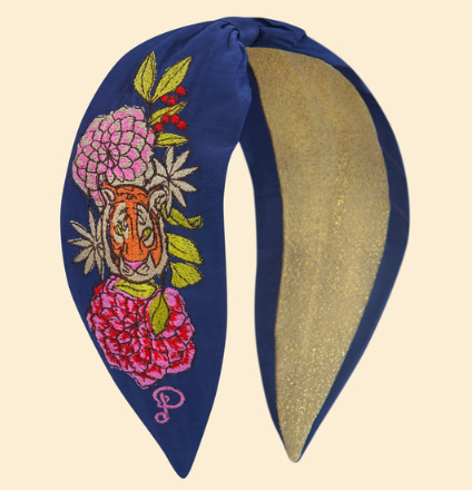 Satin Embroidered Headband - Floral Tiger Indigo