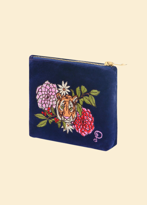 Velvet Mini Pouch - Floral Tiger Face in Indigo