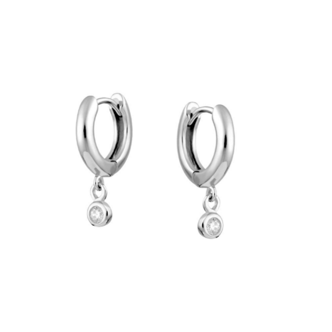 Bezel Drop Huggie Earrings-Silver