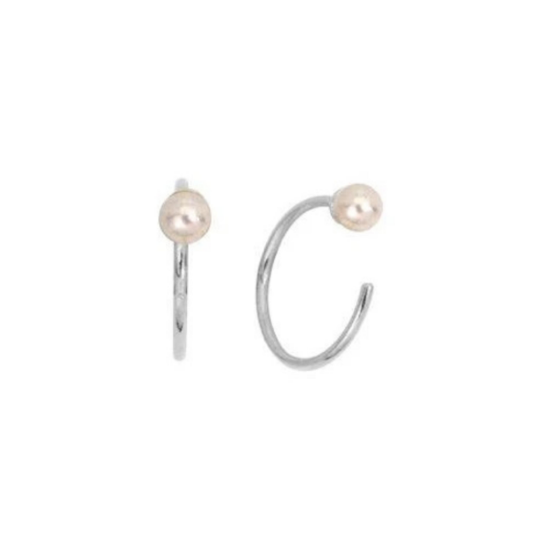 Pearl Huggies Earrings-Silver