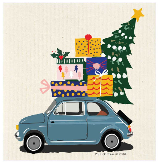 Christmas Fiat With Tree Swedish Dishcloth
