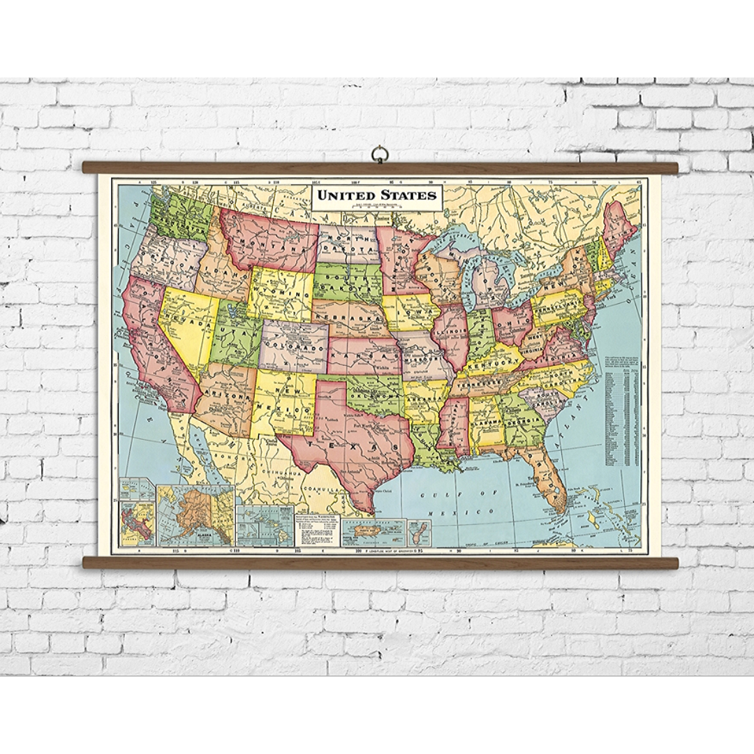 A vintage wall chart featuring a map of the united states.