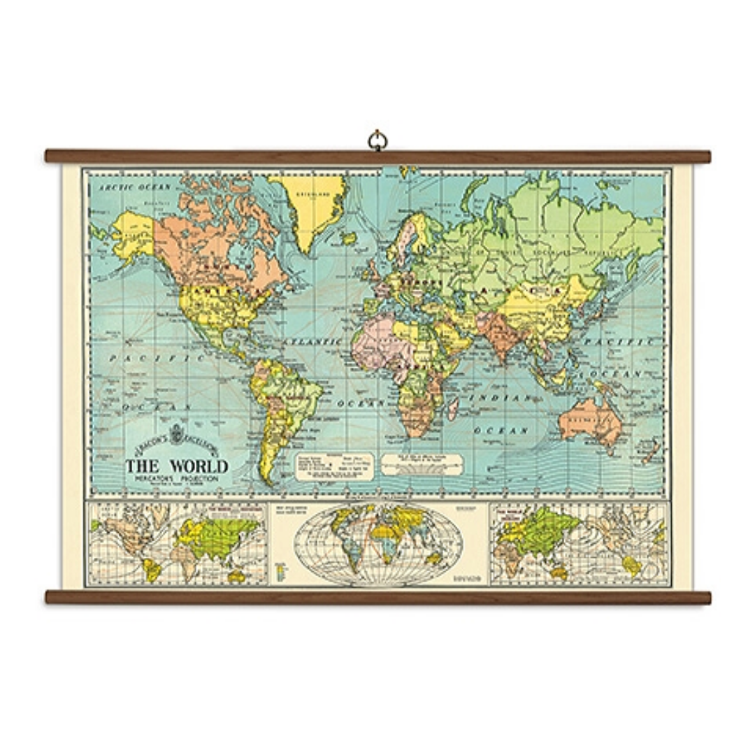 A vintage wall chart featuring a map of the world in soft colors.