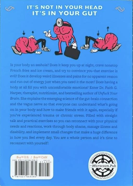 Back cover of Unf*ck Your Body featuring anthropomorphized brains on a blue background and a book description.