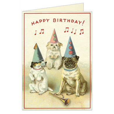 Vintage birthday card featuring three dogs wearing hats while music plays