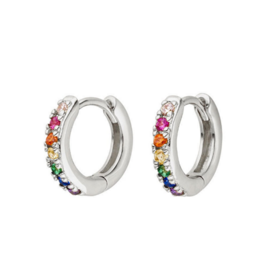 Rainbow Pave Hoops-Silver