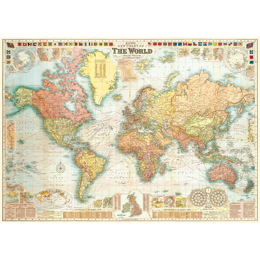 An art print and paper wrap which features a vinage map of the world.