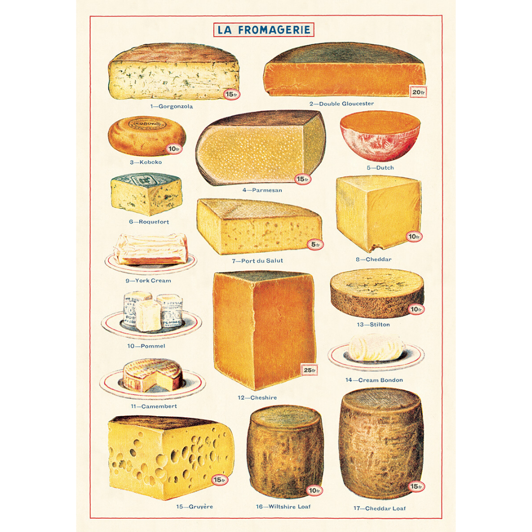 An art print and paper wrap which features various types of cheeses