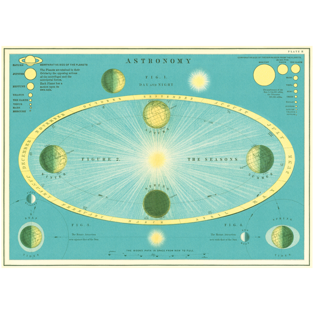 An art print and paper wrap which features an illustration of an astronomical chart.