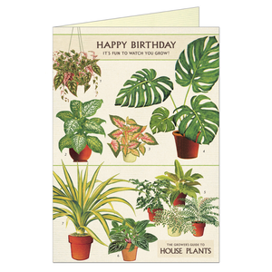 Vintage birthday card featuring illustrations of various houseplants