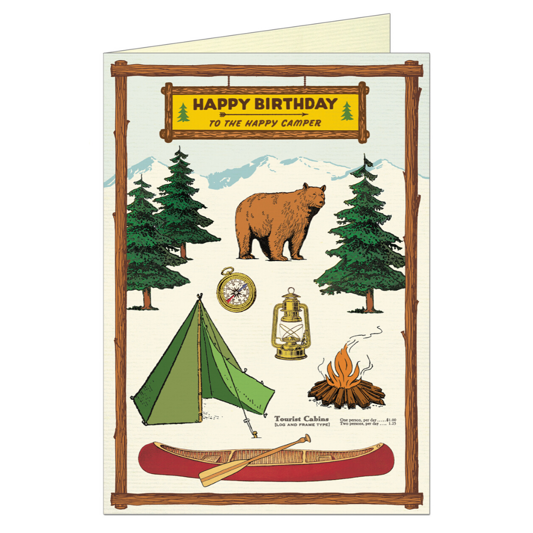 Birthday card that features vintage illustration of a bear, along with camping gear and the outdoors.