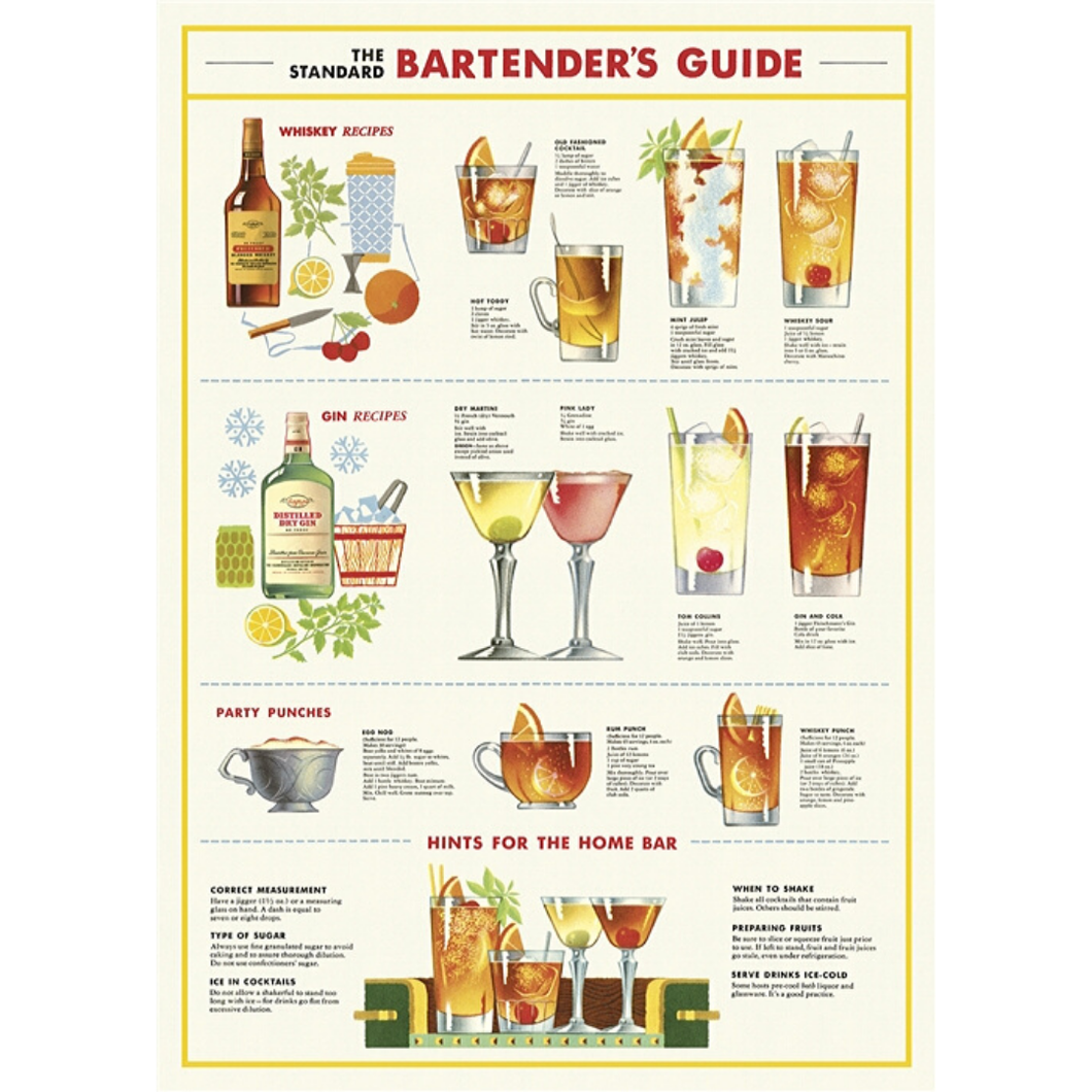 An art print and paper wrap which features various drinks and their recipes, including whisky, gin, and punch.