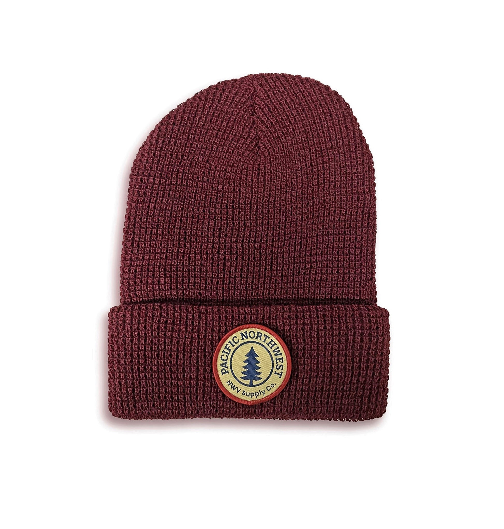 Maroon beanie with small patch featuring a tree and the text "Pacific Northwest"