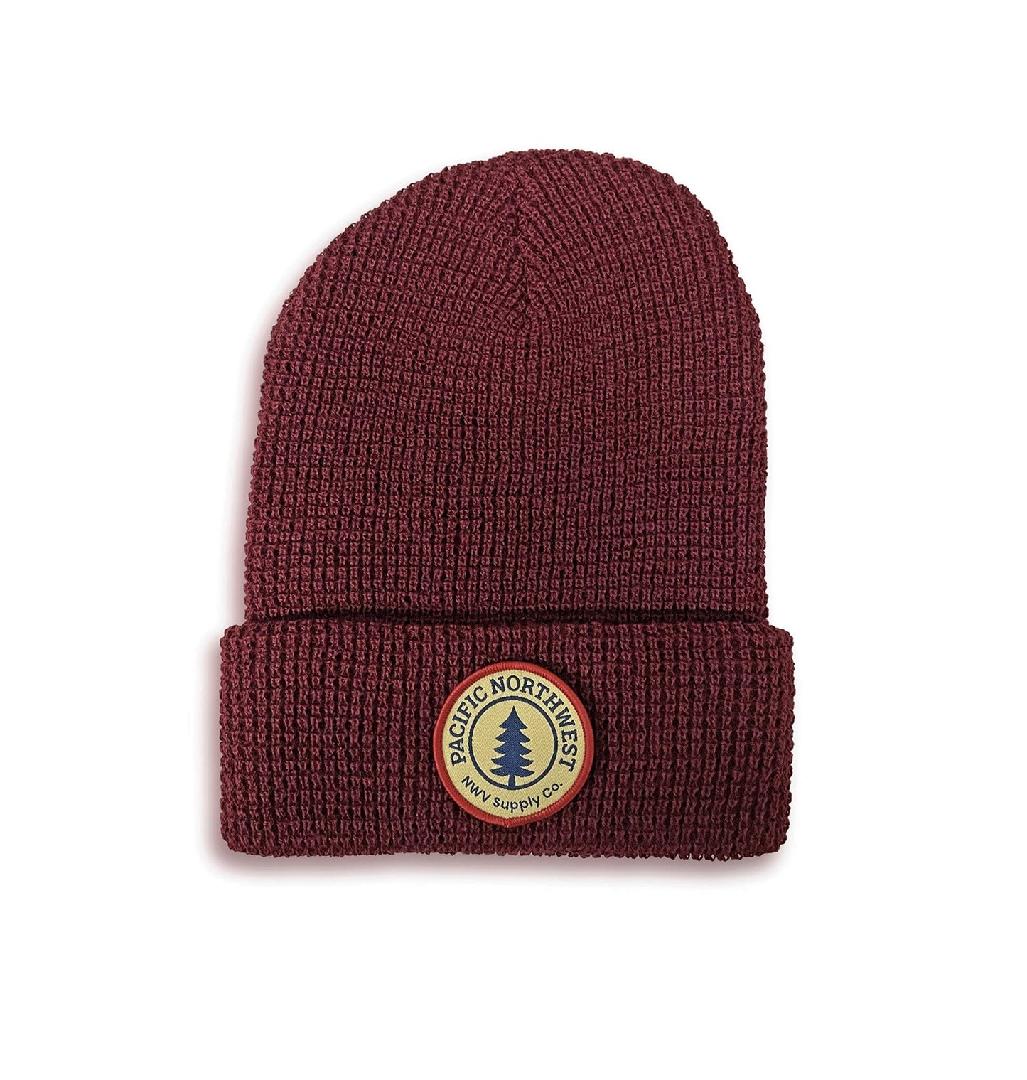 Maroon beanie with small patch featuring a tree and the text "Pacific Northwest"