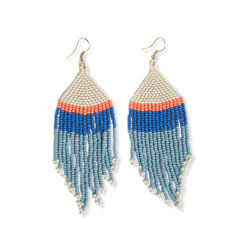 Blue Stripe Seed Bead Fringe Earrings