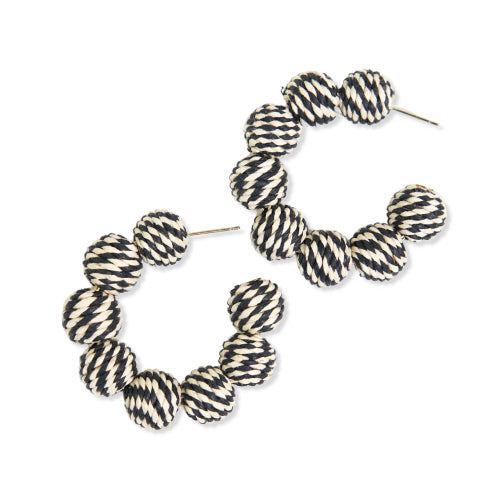 B/W Striped Raffia Ball Hoop Earrings